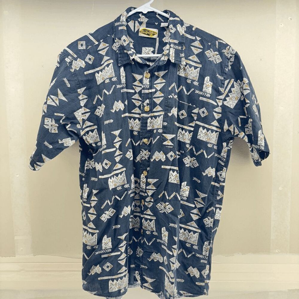 Vintage Body Glove Mens Large Button Down Black Ancient Symbol Casual Camp Shirt